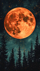 Wall Mural - Fiery Celestial Orb Above Silhouetted Pines, An Enchanting Night Sky Illustration