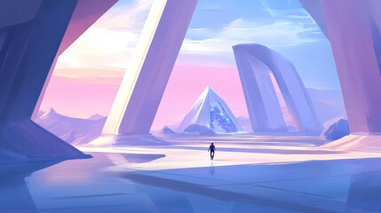 Aufkleber - A multi-layered composition of geometric shapes, creating depth and dynamism in a futuristic environment
