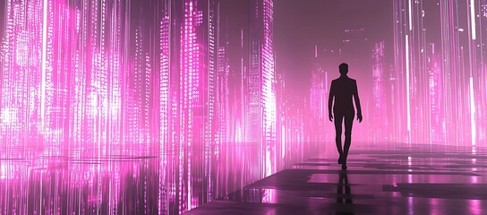 Poster - Solitary Figure Walking Through a Futuristic, Pink-Lit Cityscape