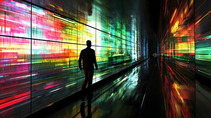 Poster - Solitary Figure Walking Through a Vibrant, Abstract Digital Corridor