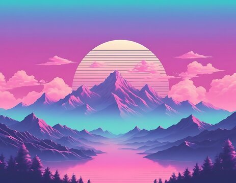 Retro Sunset Over Mountain Peaks in Vibrant Neon Shades
