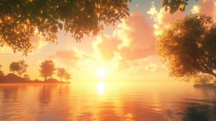 Wall Mural - vibrant sunset over a calm lake, with silhouettes of trees on the shore for a peaceful view