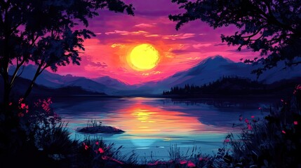 Wall Mural - vibrant sunset over a calm lake, with silhouettes of trees on the shore for a peaceful view