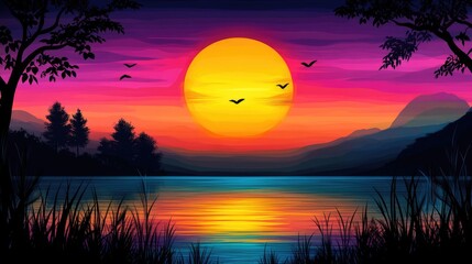 Wall Mural - vibrant sunset over a calm lake, with silhouettes of trees on the shore for a peaceful view