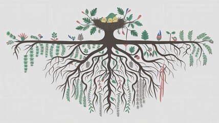 Sticker - Colorful Illustration of a Tree with Roots and Birds in Nest