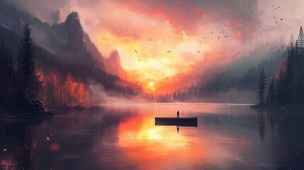 Wall Mural - Solitary Figure Contemplates Sunset Over Mountain Lake