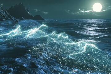 Wall Mural - Night Ocean Waves Crashing Against Dark Mountains