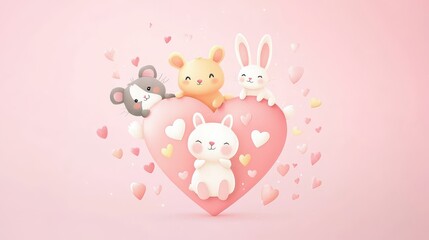 Wall Mural - Cute Cartoon Animals Sitting on a Big Heart with Floating Hearts