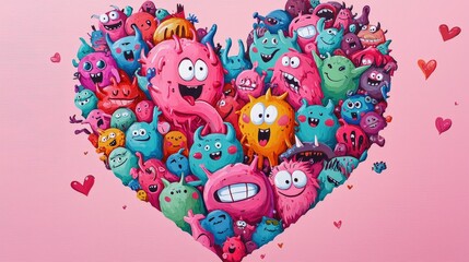 Wall Mural - Colorful Cartoon Monsters Illustrating Love and Fun in Heart Shape