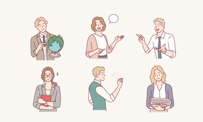 character set of man and woman teacher, tutor and educator. hand drawn style vector design illustrat