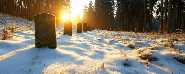 Wall Mural - sun shining on snow covered tombstones in a cemetery during winter, creating a peaceful and contempl