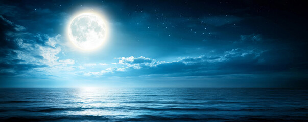 Wall Mural - Moonlit ocean surface glimmering, silver reflections spreading across calm waters under twinkling stars, radiating peaceful nighttime ambiance
