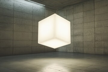 Wall Mural - Illuminated Cube in a Concrete Room