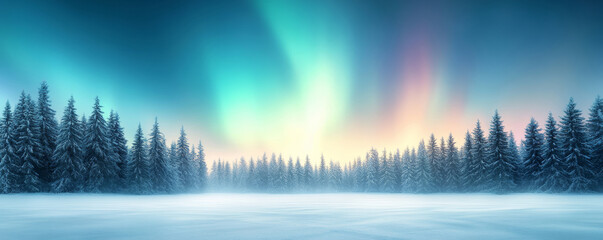 Wall Mural - northern lights dancing over snow-covered forest, glowing across frozen lake surface, painting ether