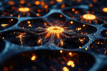 Canvas Print - Abstract Dark Network With Glowing Orange Nodes