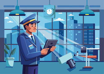 Wall Mural - A security guard inspecting surveillance cameras and checking locks in a large office building.