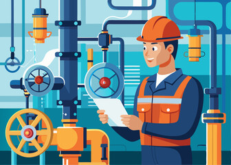 Wall Mural - A technician inspecting pipes and valves in a power plant, ensuring proper operation