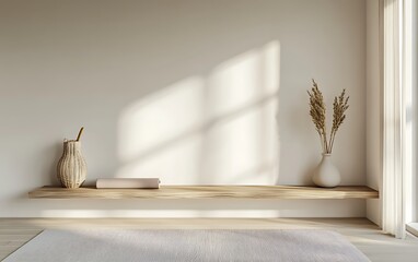 Wall Mural - 3D rendering of a white wall in a living room interior with a wooden shelf and a yoga mat on the floor