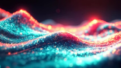 Poster - Animation of dynamic abstract wave patterns with vibrant colours including blue, pink and yellow. Futuristic and technological style with luminous particles and light effects 