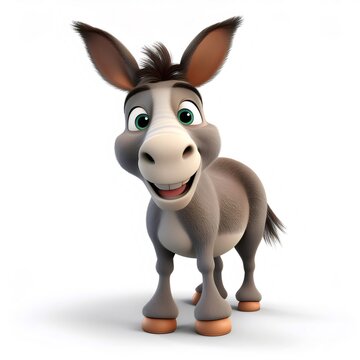 Cheerful 3D cartoon donkey smiling, standing on white background with joyful, endearing expression of playful friendliness
