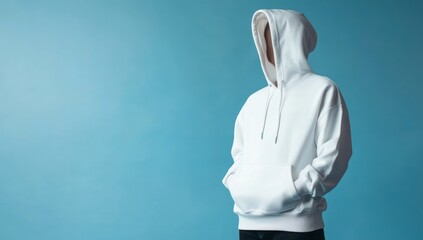 Fototapete - Mysterious Figure in White Hoodie Against a Blue Background