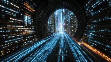 Poster - Futuristic city highway tunnel with glowing digital code lines.