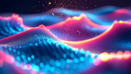 Poster - Animation of dynamic abstract wave patterns with vibrant colours including blue, pink and yellow. Futuristic and technological style with luminous particles and light effects 