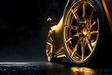 gold car wheel and luxury vehicle design with golden sports car and shiny car rim detailing