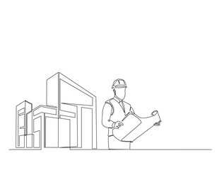 Leinwandbilder - Continuous one line drawing of architect with blueprint paper and modern house real estate. Building and contractor, engineer, worker concept. Editable line vector.