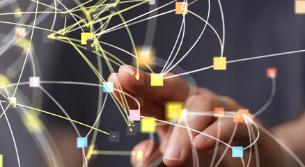 Poster - A man hand touching virtual screen, modern background concept , can put your text at the finger, copy space.
