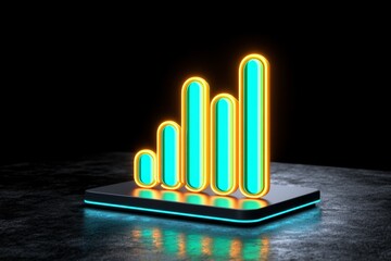 Poster - A 3D bar graph rising dramatically on a digital screen, with glowing blue and green bars against a dark background
