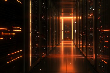Poster - Digital server corridor illuminated by vibrant orange lights. Generative AI
