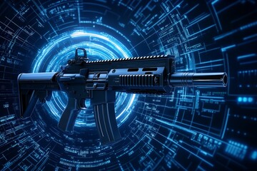 Poster - A 3D-rendered image of a gun with customizable attachments displayed in a futuristic gun shop interface