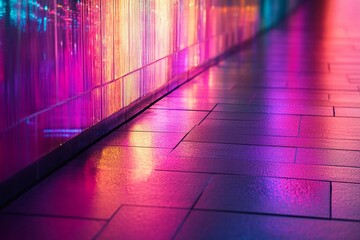 Poster - Colorful texture with gradient lighting along a tiled pathway at night. Generative AI