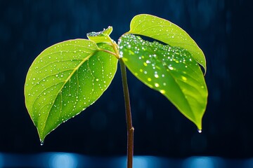 Wall Mural - A close-up of a green leaf with intricate veins, covered in tiny water droplets reflecting soft light