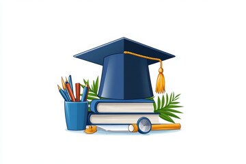 Poster - A conceptual design of a graduation cap icon in flat vector style, with bold geometric shapes and a modern blue and gold color palette
