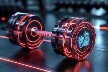 Poster - A cyberpunk-inspired gym scene with glowing neon weights, a dark futuristic setting, and holographic workout stats hovering nearby