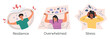© Elena - Vector illustration characters, set of three emotional states, resilience, overwhelmed, and stress. Mental health compositions, emotional wel being, and psychology themes in flat cartoon style