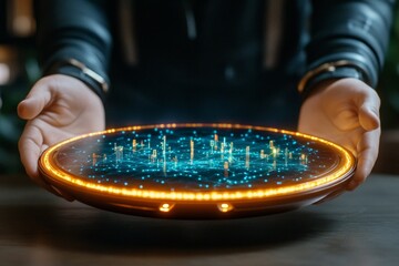 Aufkleber - A holographic graph interface floating above a desk, with glowing 3D bars and real-time data streams in a sci-fi environment
