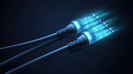Poster - Cables with glowing connectors illuminate a dark background, representing modern technology and connectivity in digital communication