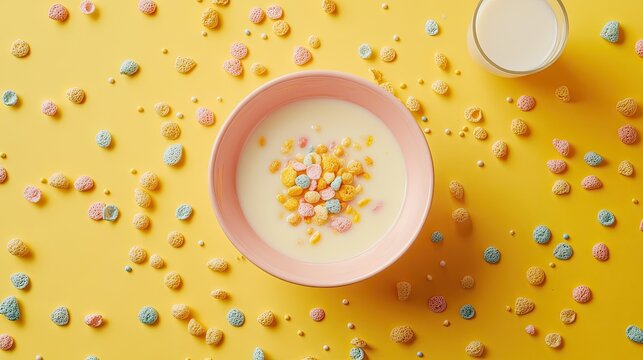 A creative flat-lay of a bowl of colorful cereal in milk, surrounded by scattered cereal and a glass of milk.