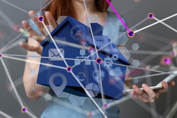 Poster - home iot - Neural network 3D illustration. Big data and cybersecurity - 3d