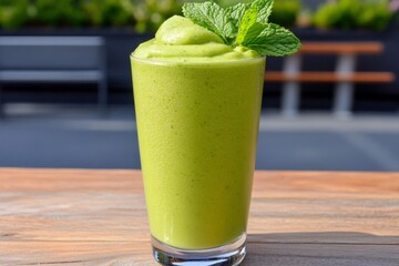 Aufkleber - A refreshing green smoothie in a clear glass, garnished with mint leaves, placed on a wooden table with natural light