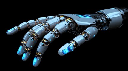 Poster - Futuristic robotic hand with intricate metallic structure and glowing blue accents.