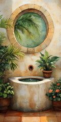 Wall Mural - Havana art style, A serene indoor space featuring a stone basin, lush plants, and a circular window with palm views, evoking tranquility and nature.