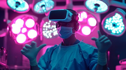 Poster - A medical professional dons virtual reality goggles inside a vibrant operating room illuminated in pink and blue light.
