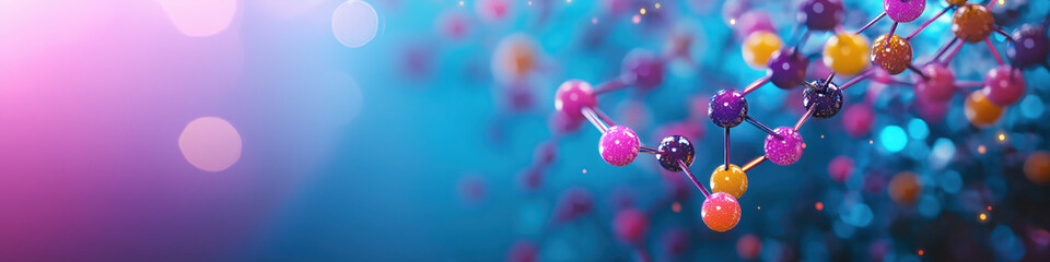 Poster - A vibrant abstract image featuring colorful molecular structures against a soft blue background, evoking a sense of science and innovation.