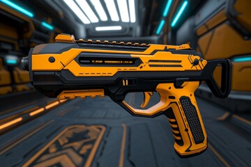 Poster - A 3D-rendered image of a gun with customizable attachments displayed in a futuristic gun shop interface