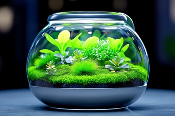 Aufkleber - A 3D-rendered terrarium filled with vibrant green plants and moss, illuminated by soft light and intricate glass reflections