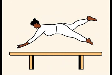 Aufkleber - A clean illustration of a gymnast mid-leap on a balance beam, drawn with simple lines and soft pastel colors